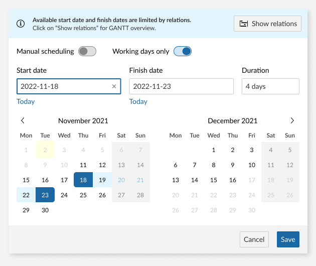 Une bannière bleue informant l’utilisateur que certaines dates sont limitées par les relations