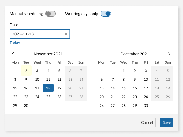 Los hitos tienen selectores de fechas con un único campo de fecha