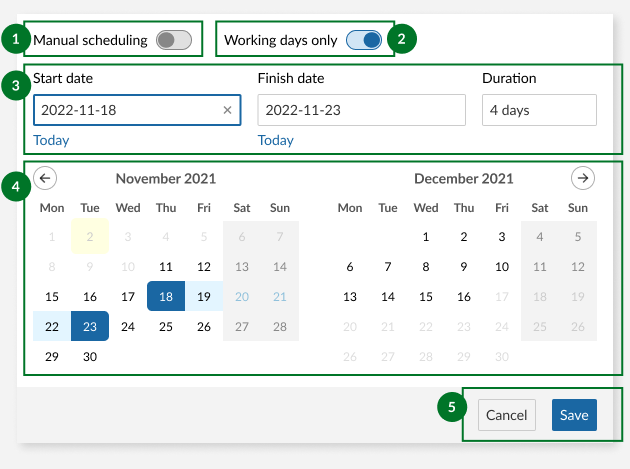 El selector de fechas estándar con diferentes elementos resaltados