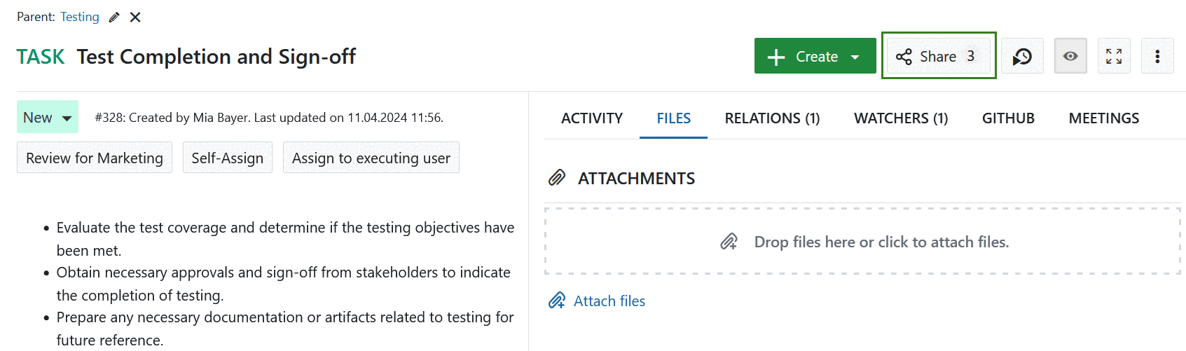 Number of shared users shown in the toolbar Share button in an OpenProject work package