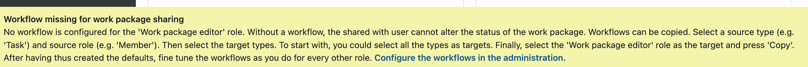 Message on not configured work package editor workflows