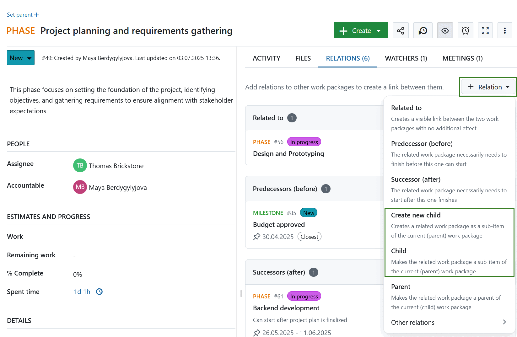 Add a child to a work package in OpenProject