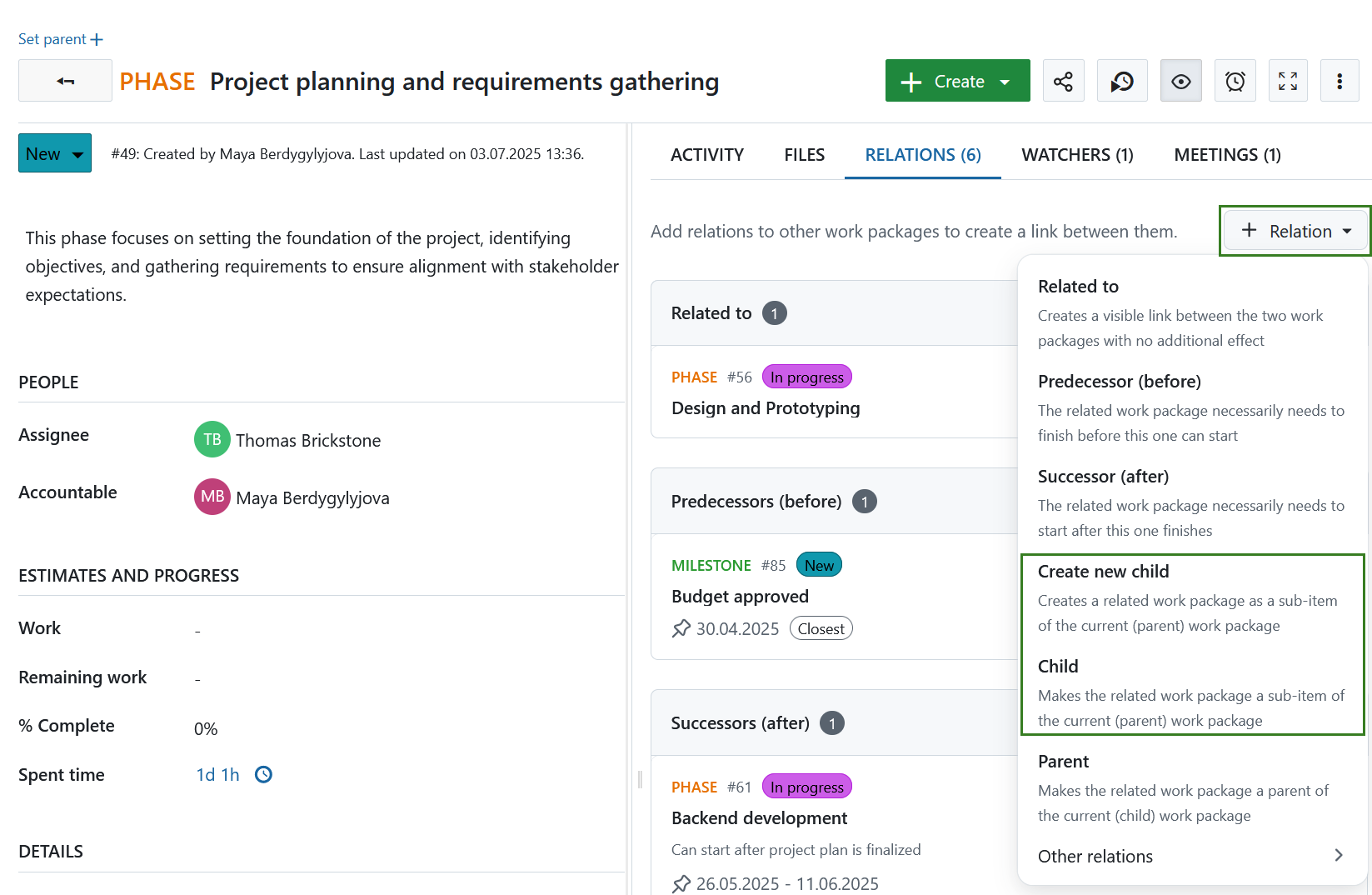Ein Kind zu einem Arbeitspaket in OpenProject