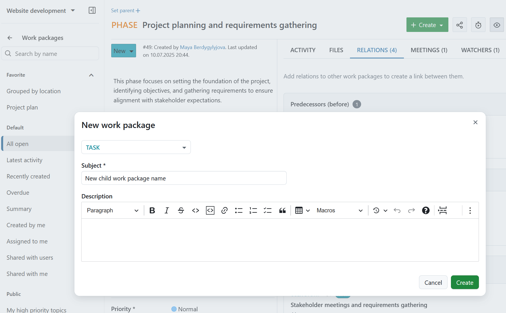 Create a new child work package under Relations tab in OpenProject