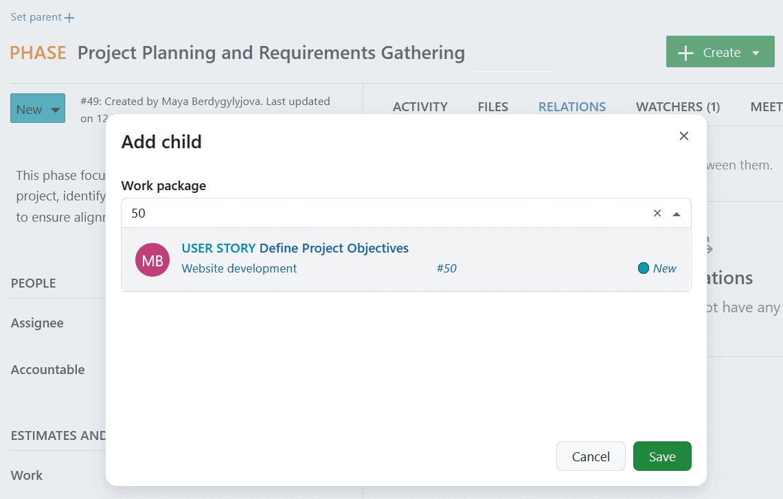 Select a child work package in OpenProject
