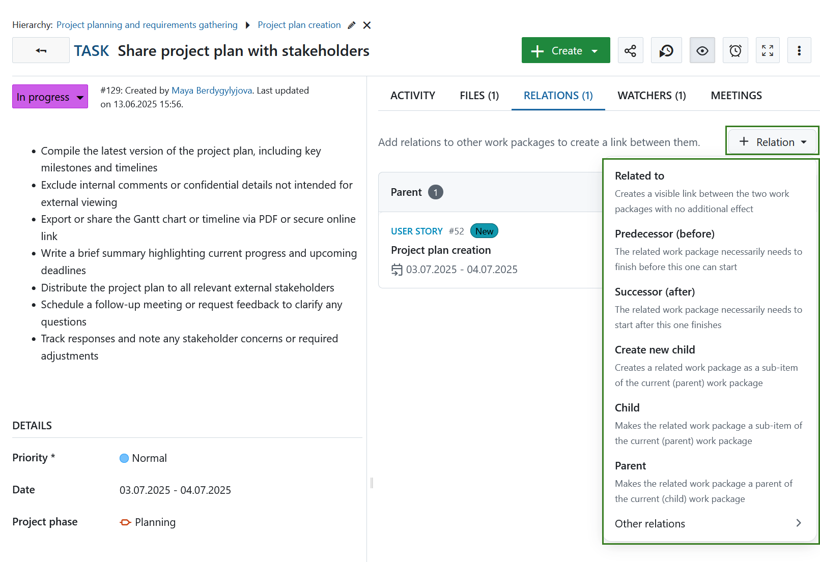 “Beziehungen hinzufügen”-Button unter Relations-Tab in einem OpenProject Arbeitspaket