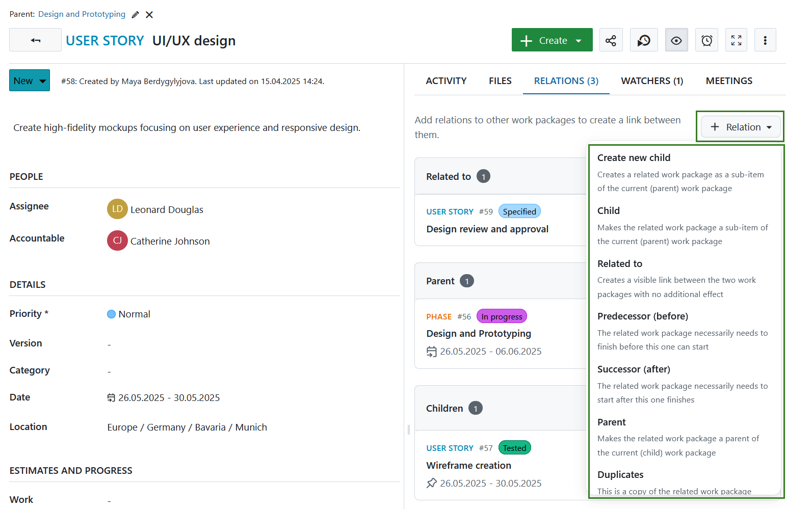 “Add relations” button under Relations tab in an OpenProject work package