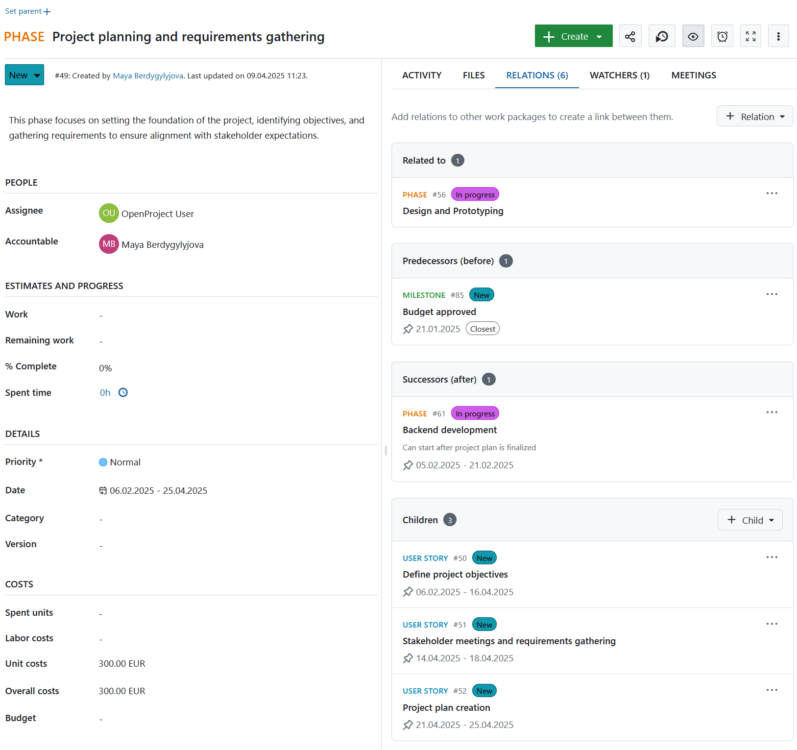 Work package relations displayed in the Relations tab in OpenProject