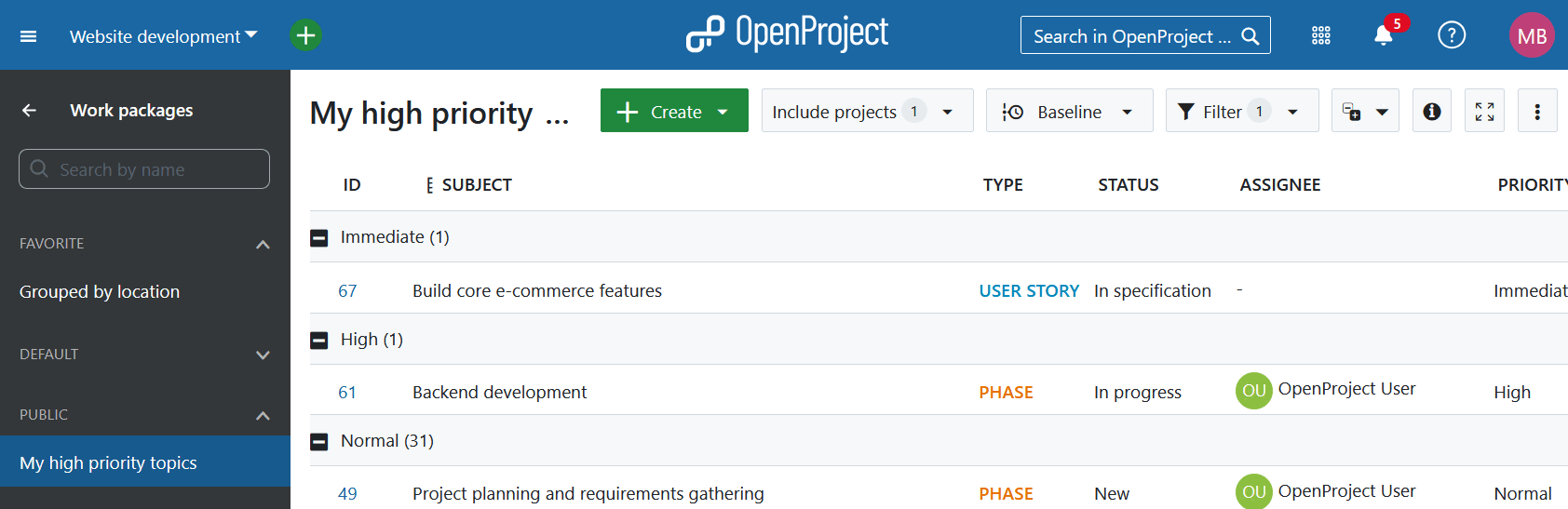 Vistas públicas en el menú de paquetes de trabajo en OpenProject