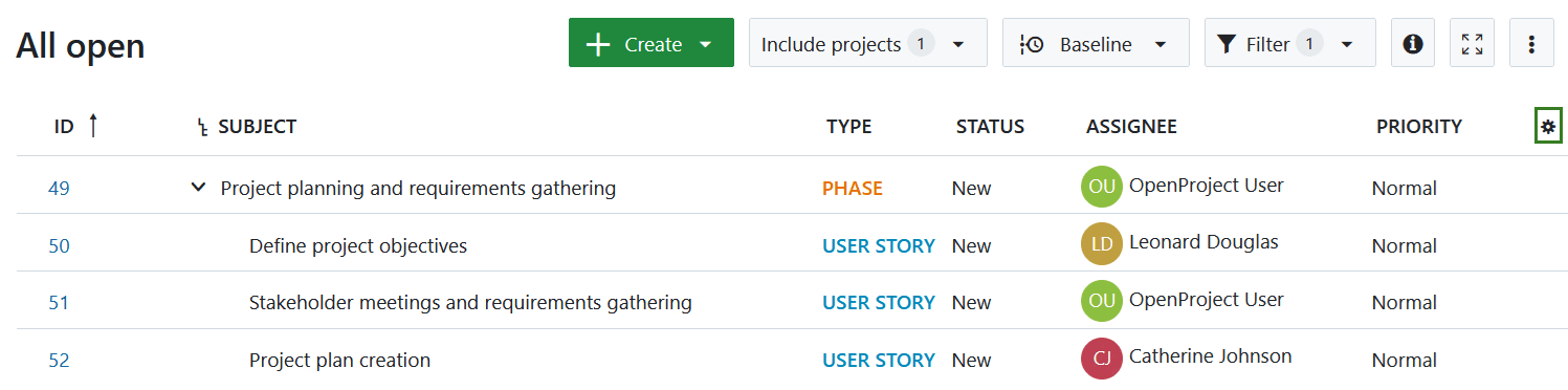 Icono de configuración para abrir la configuración de la tabla de paquetes de trabajo