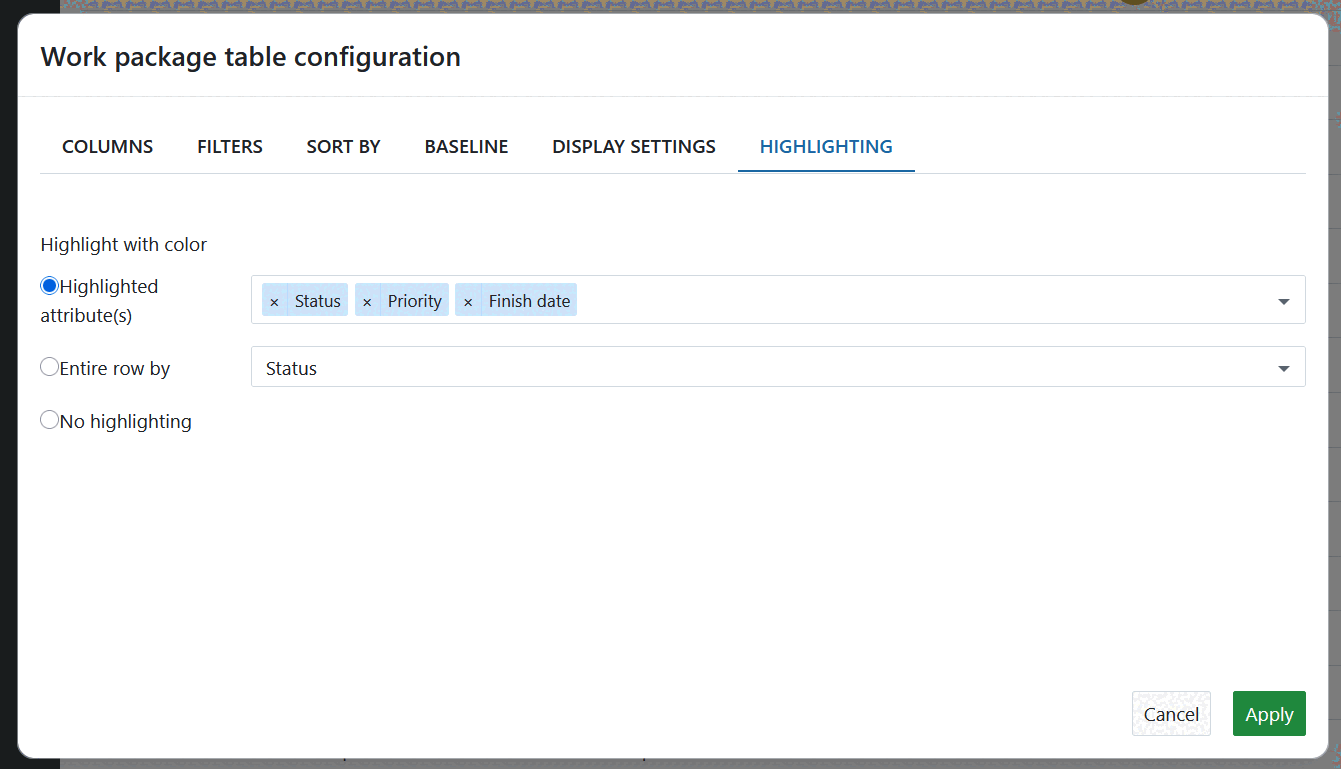 Configuración de resaltado en la tabla de configuración de paquetes de trabajo en OpenProject