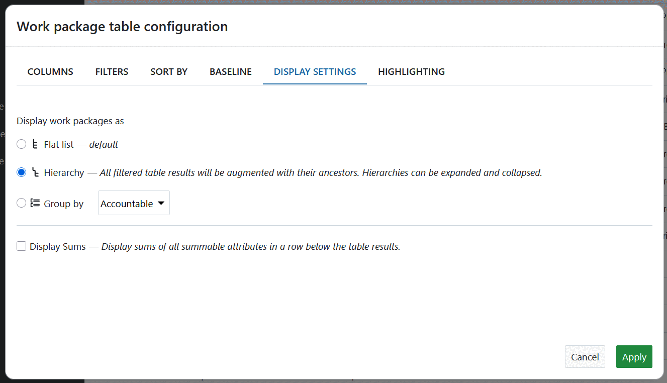 Configuración de visualización en la configuración de la tabla de paquetes de trabajo en OpenProject