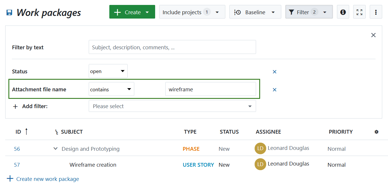 Filtrar una tabla de paquetes de trabajo por nombre de archivo adjunto
