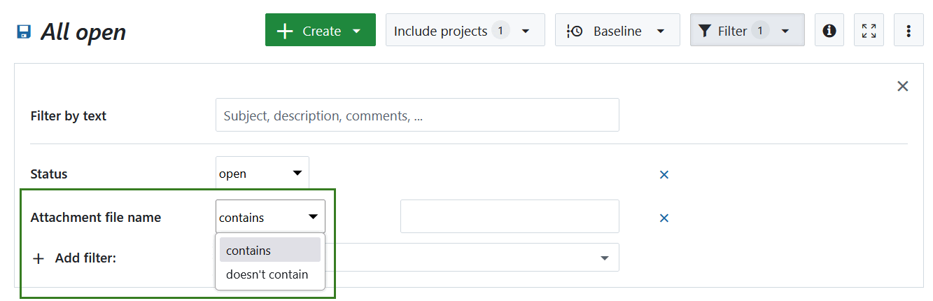 Opciones de filtro avanzadas en la tabla de paquetes de trabajo de OpenProject