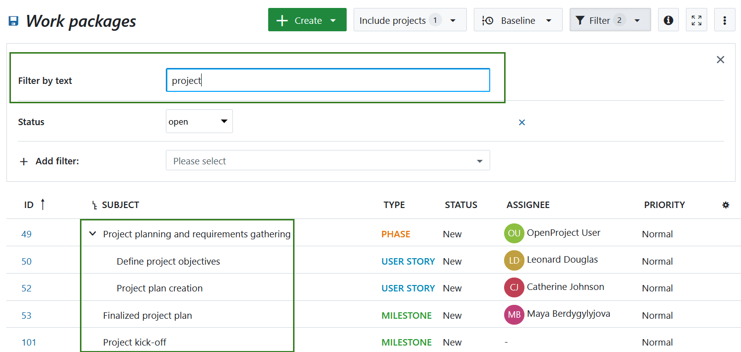 Filtrar la tabla de paquetes de trabajo de OpenProject por texto