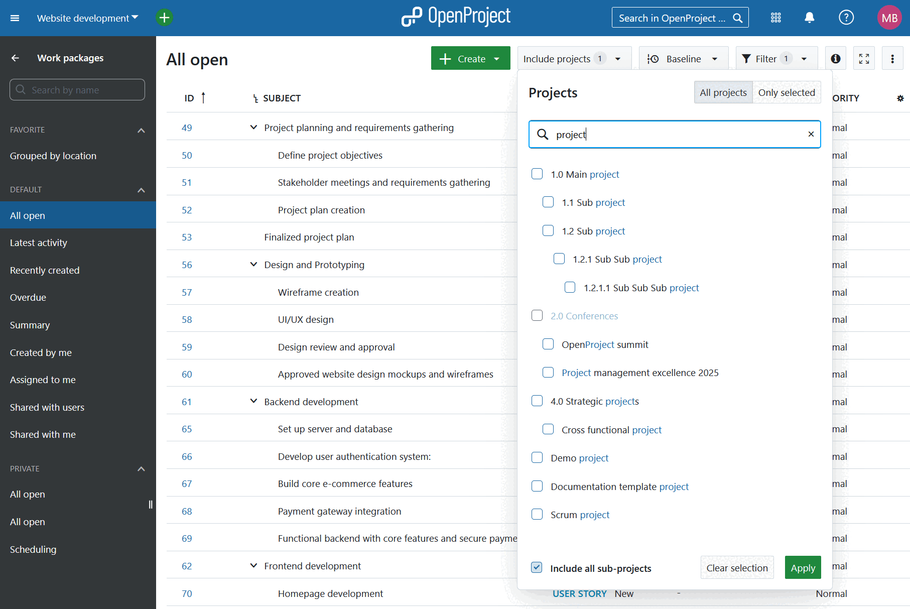 Filtro para incluir subproyectos en una tabla de paquetes de trabajo en OpenProject