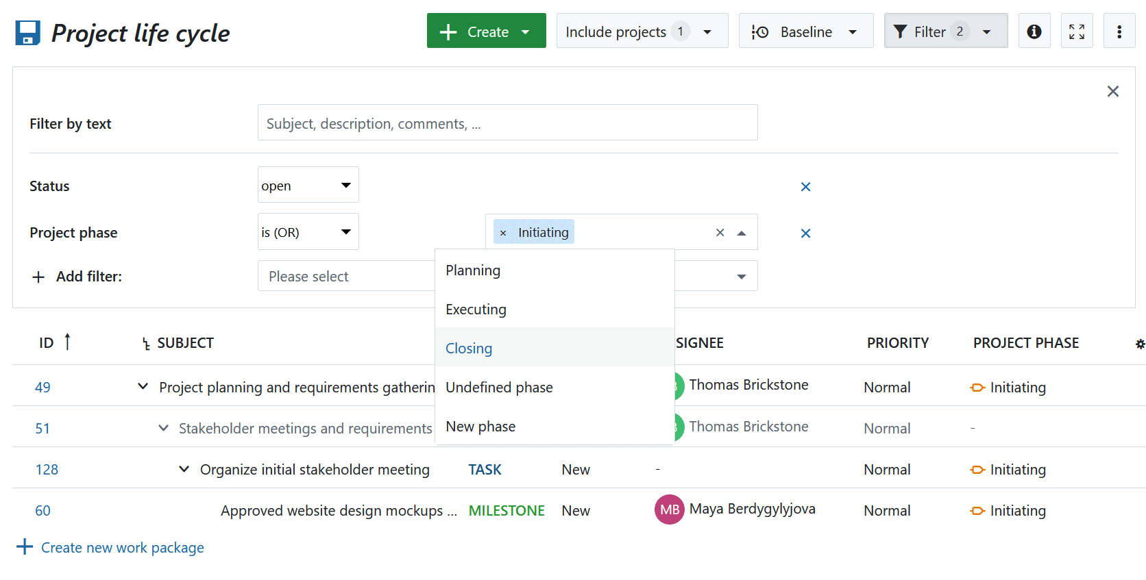 Filtro de fase del proyecto en la tabla de paquetes de trabajo en OpenProject