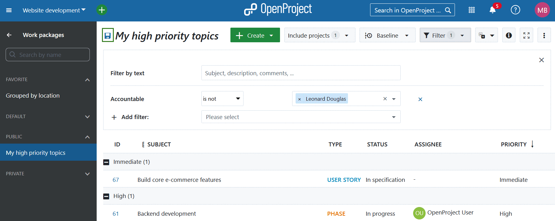 Icono de guardar junto al nombre de la tabla de paquetes de trabajo en OpenProject