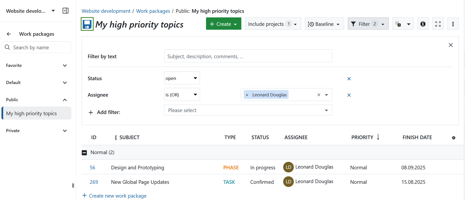 Save icon next to work package table name in OpenProject