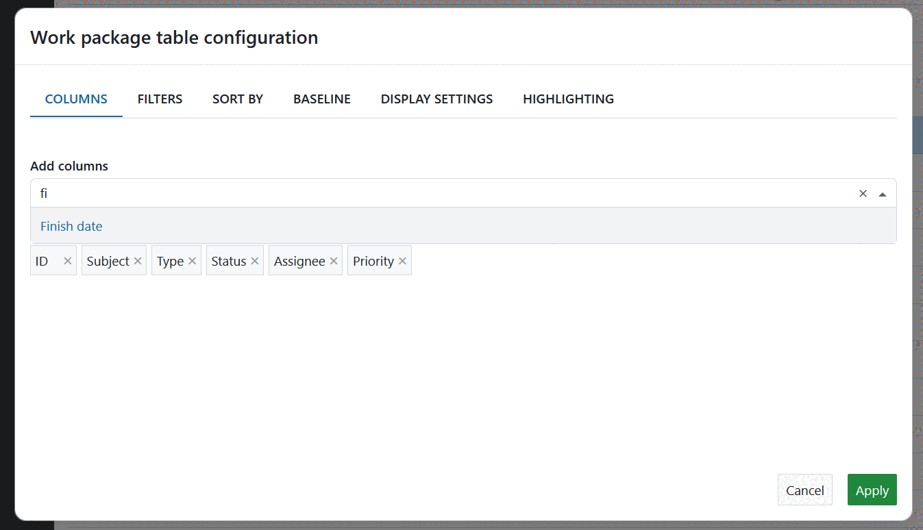 Formulario de configuración de la tabla del paquete de trabajo en OpenProject
