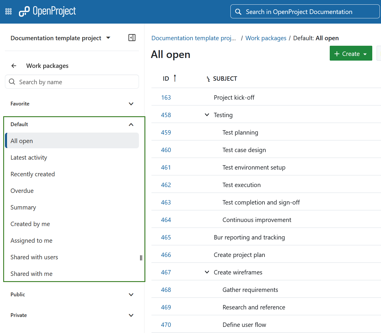 Una lista de las vistas por defecto del paquete de trabajo