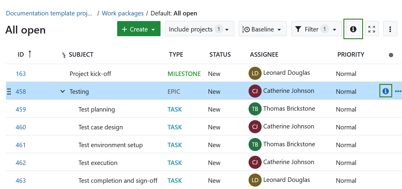 Abrir una vista de pantalla dividida de un paquete de trabajo en OpenProject