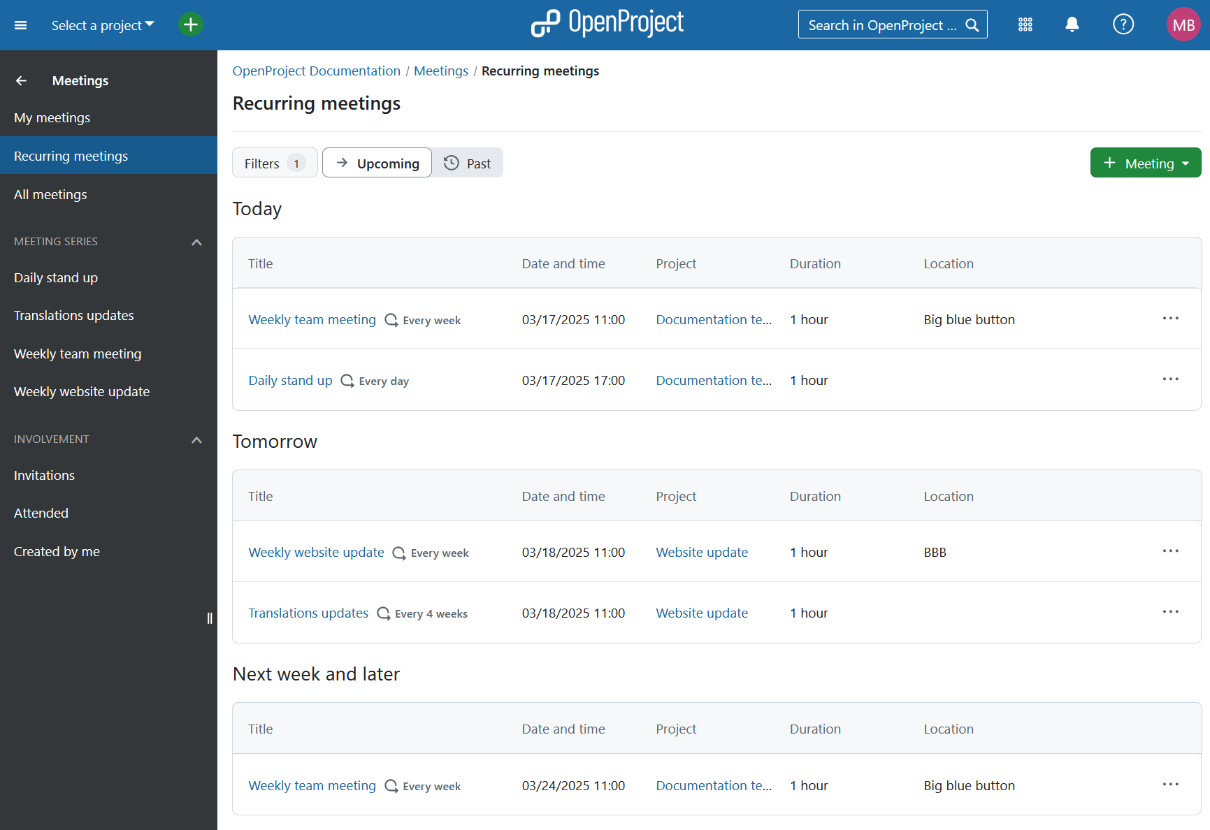 Overview page showing recurring meetings in OpenProject project management software