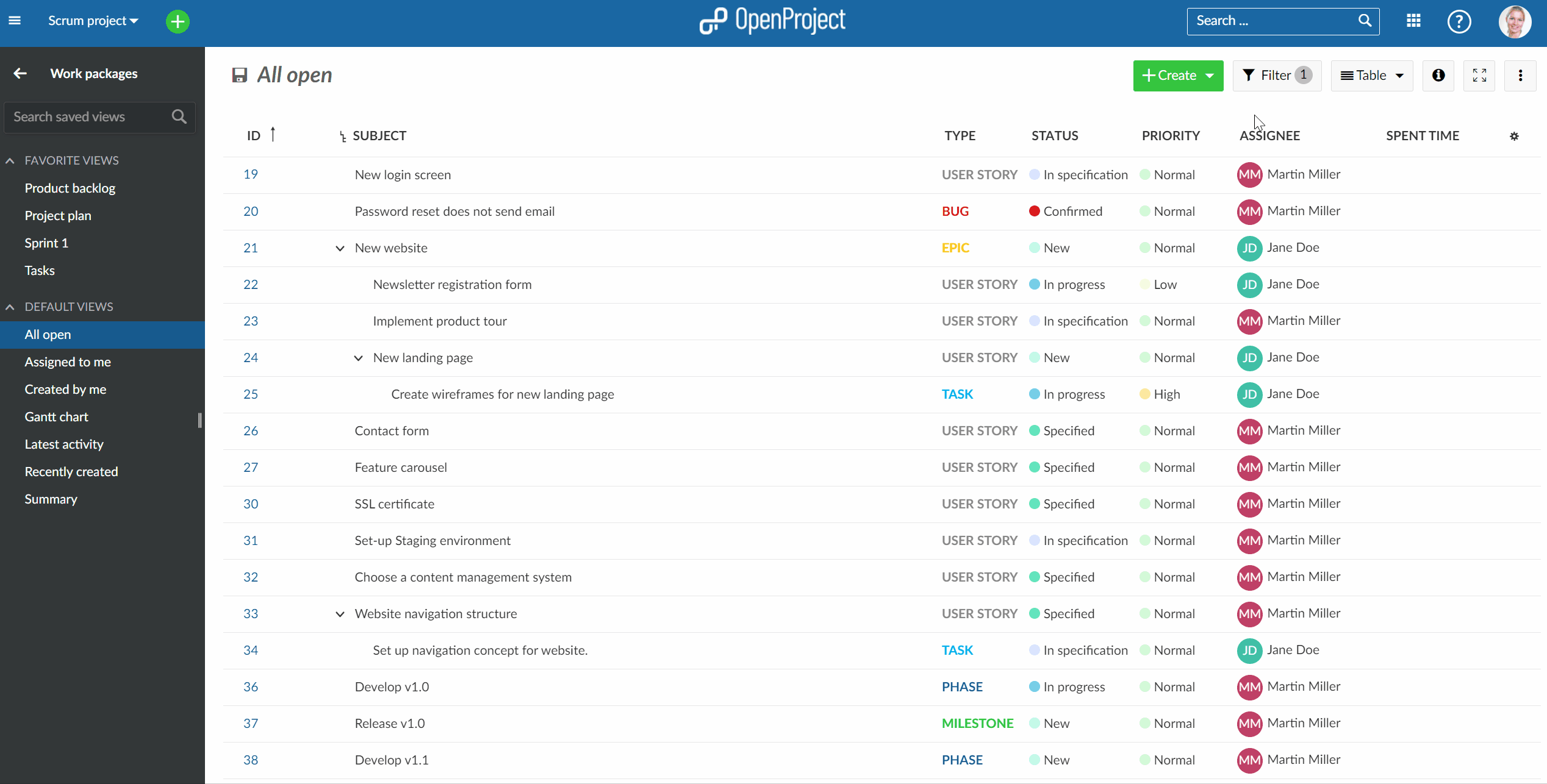 Arbeitspakete filtern