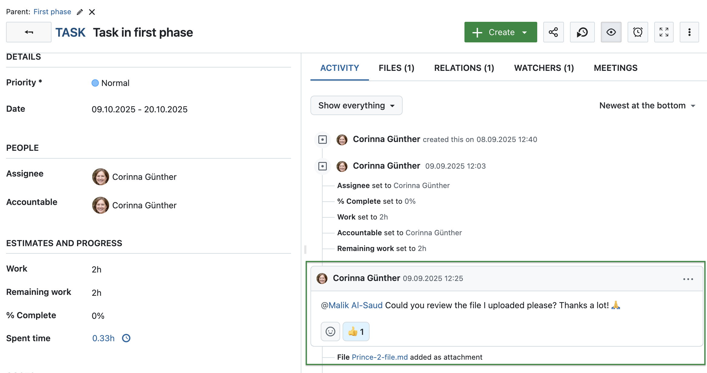 Follow the PRINCE2 process with OpenProject: Manage product delivery by communicating directly on a work package and uploading files
