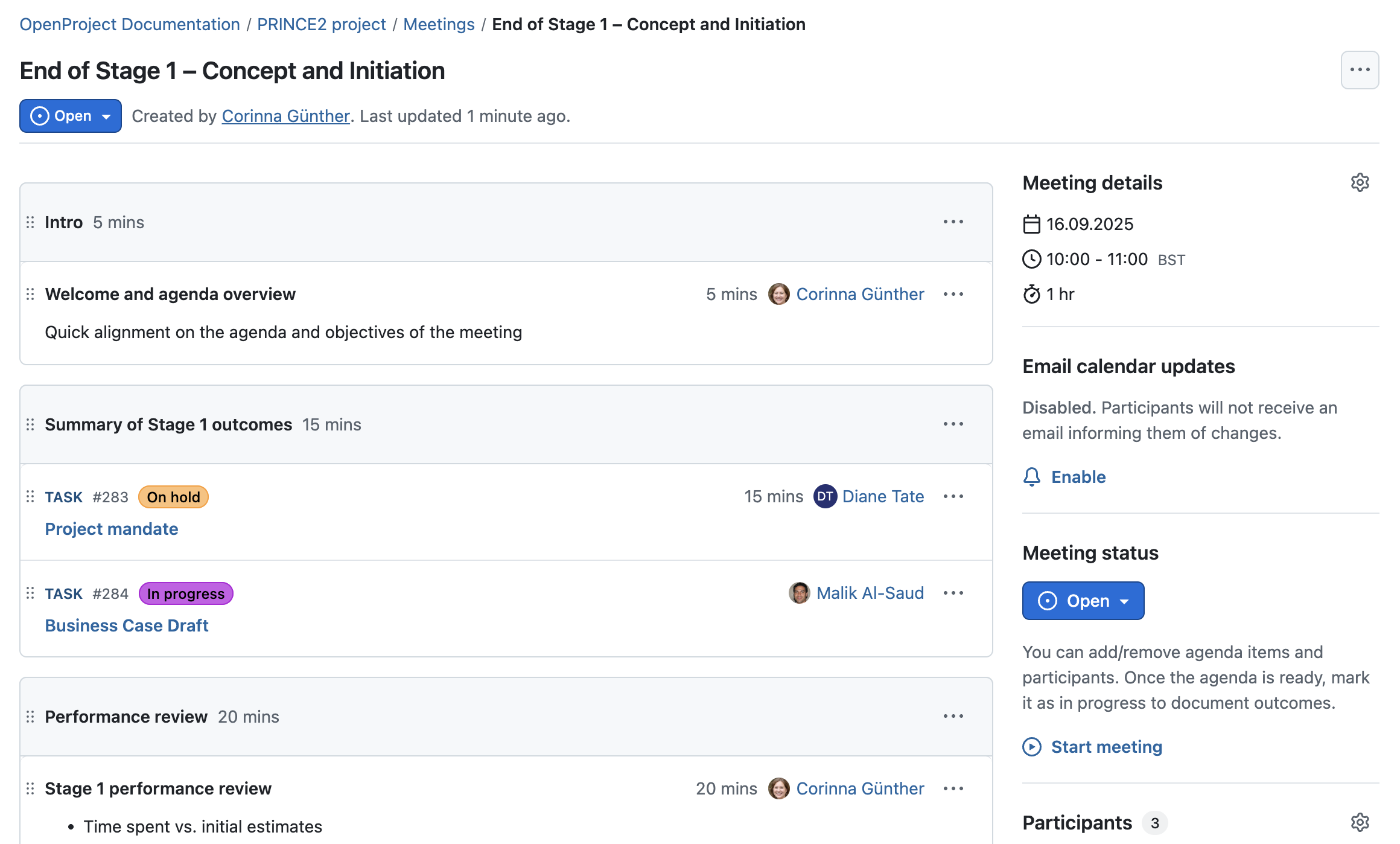 Follow the PRINCE2 process with OpenProject: Manage stage boundaries with in-system meetings