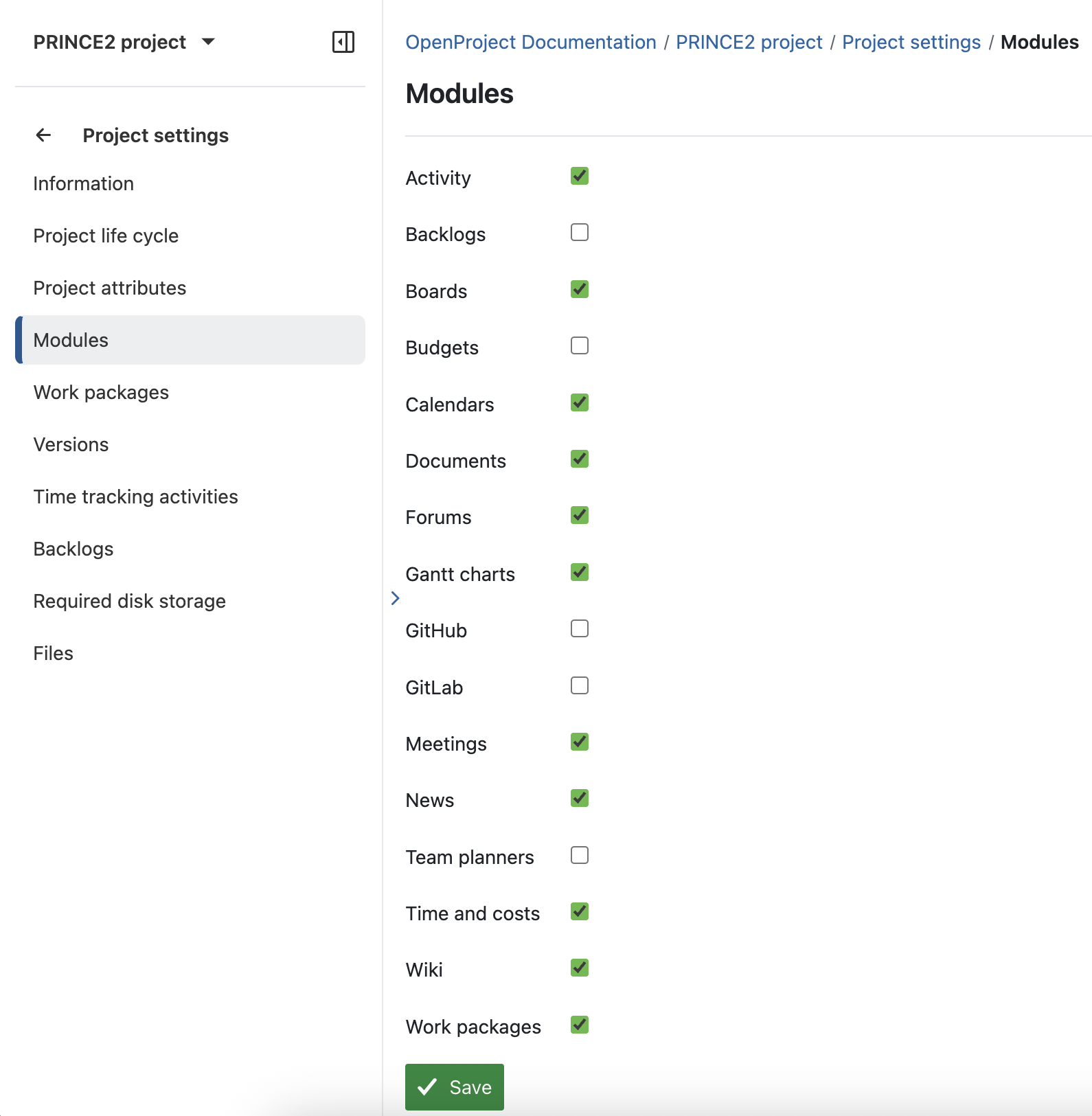 Follow the PRINCE2 process with OpenProject: Start up a project by selecting the modules you need