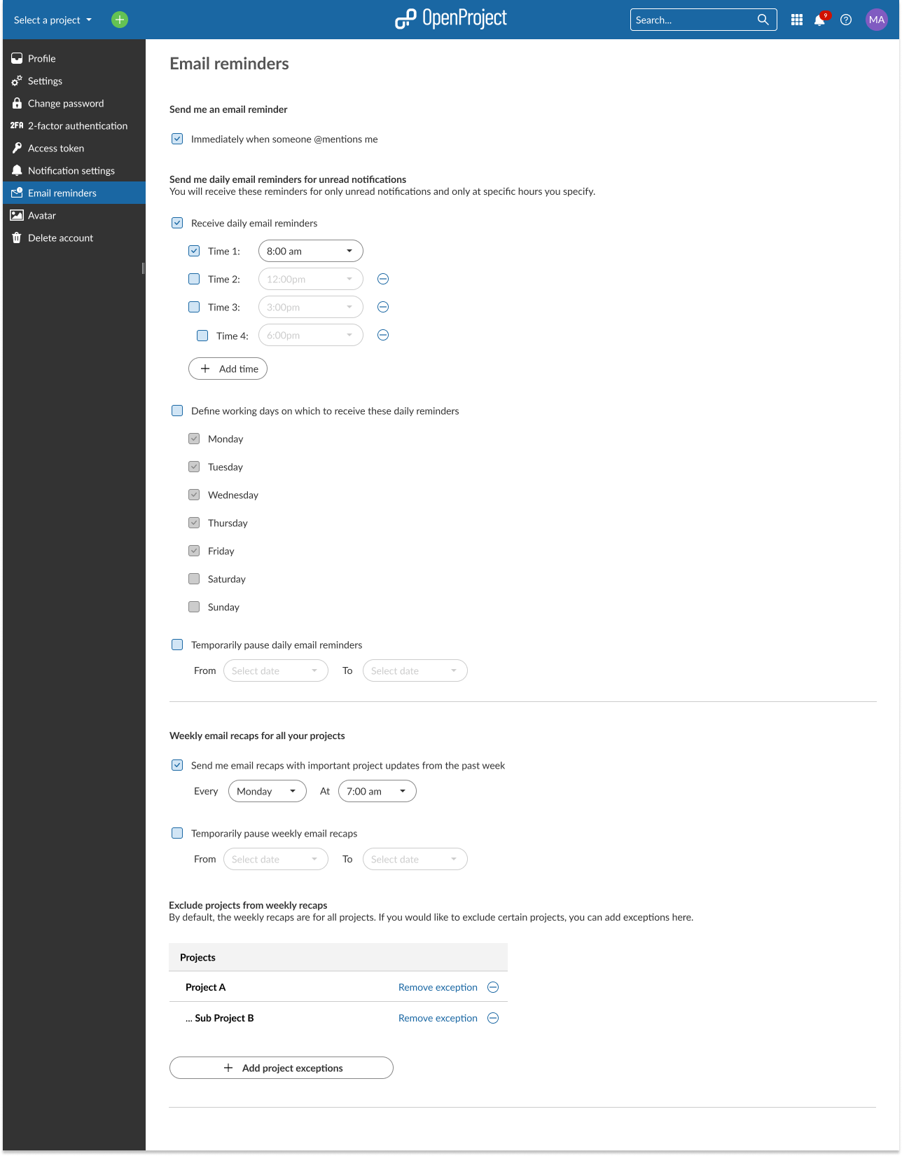 screenshot email-reminder setting options