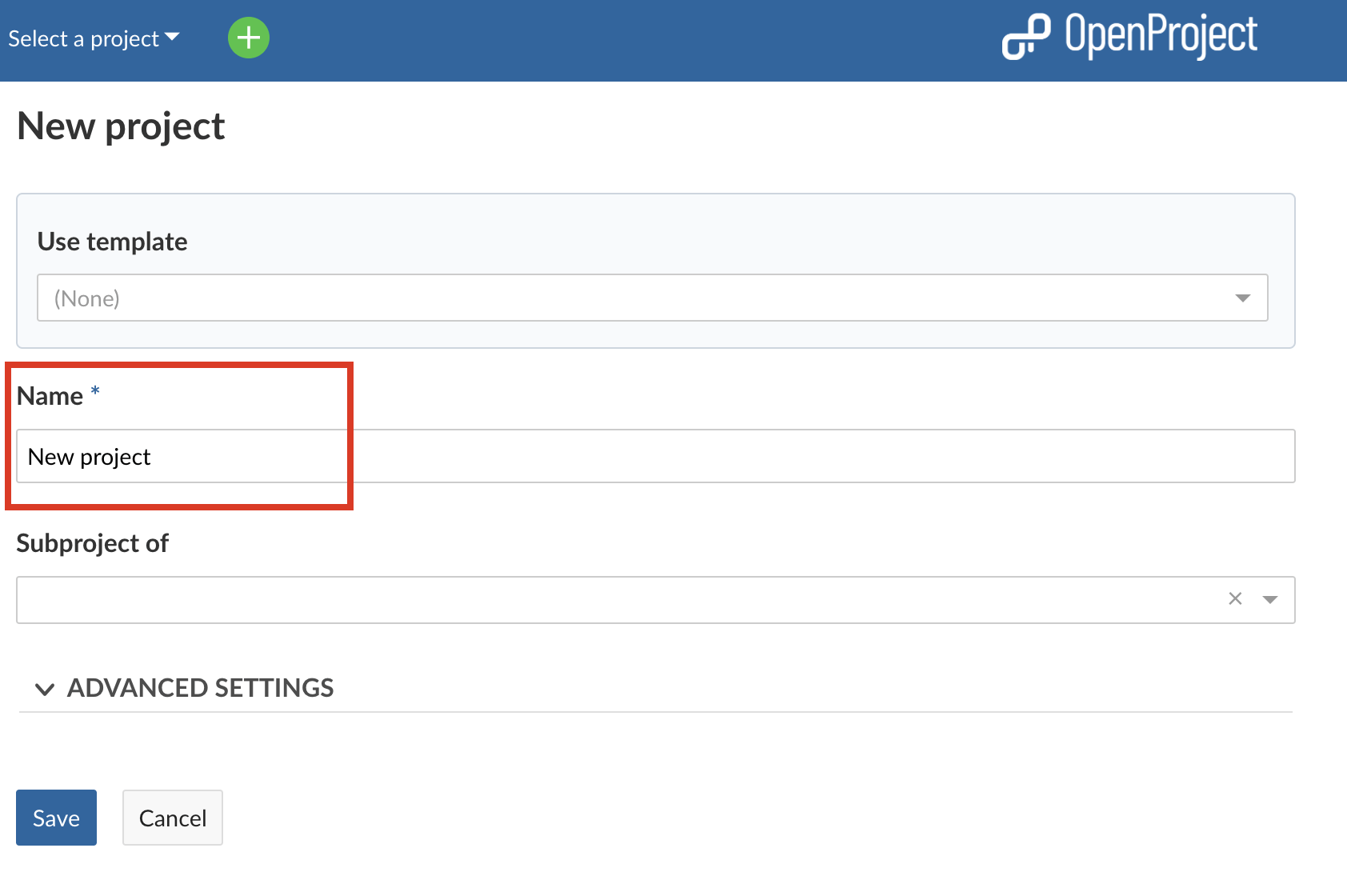 project form to fill in with project name