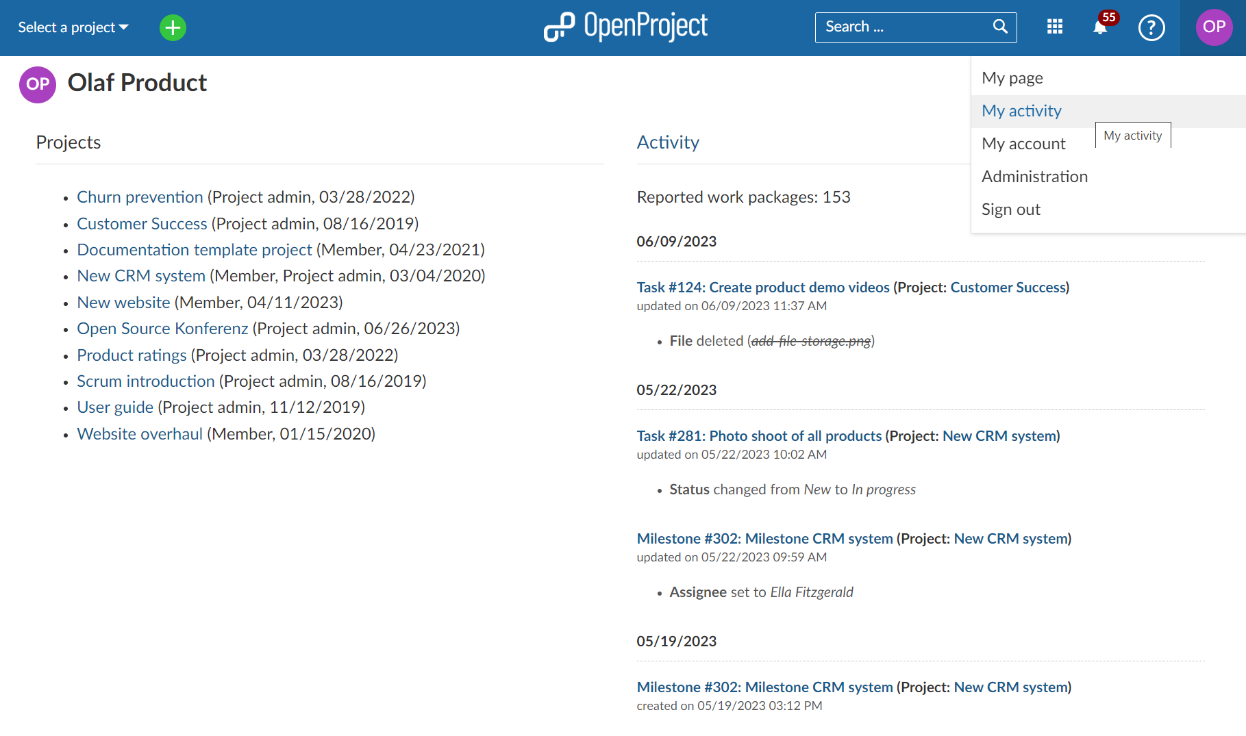 Screenshot: my activity page