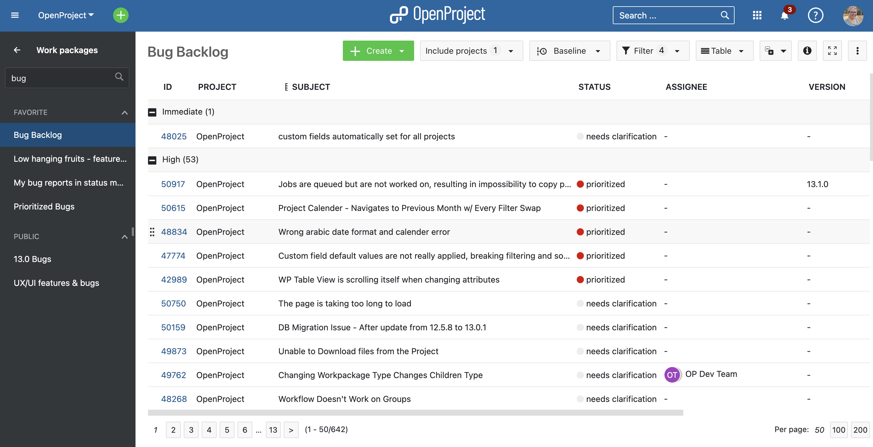 Screenshot unseres Bug-Backlogs für OpenProject