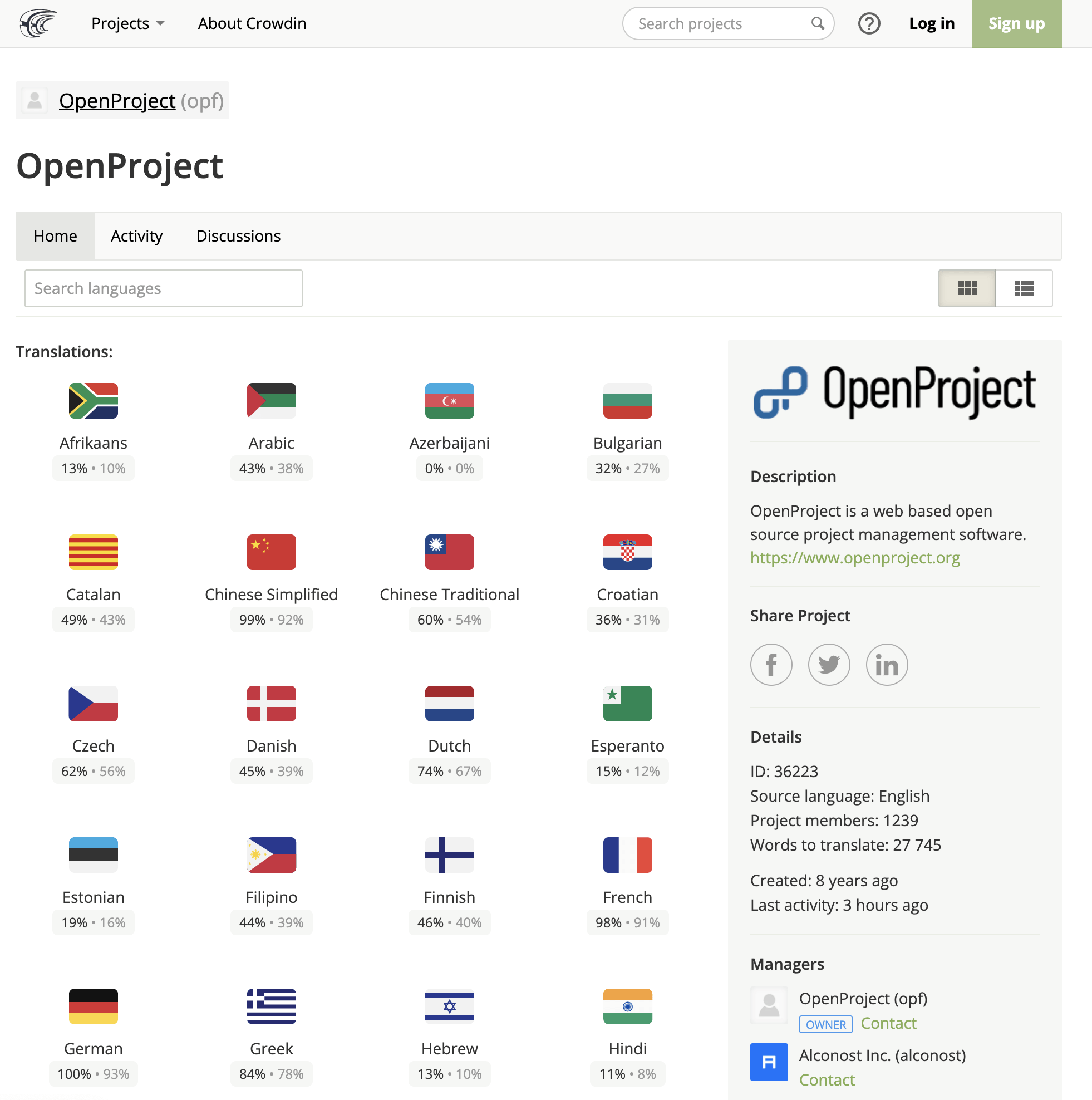 Language overview in OpenProject CrowdIn project