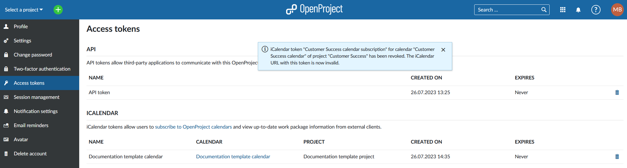 Le jeton d’accès au calendrier OpenProject est invalide