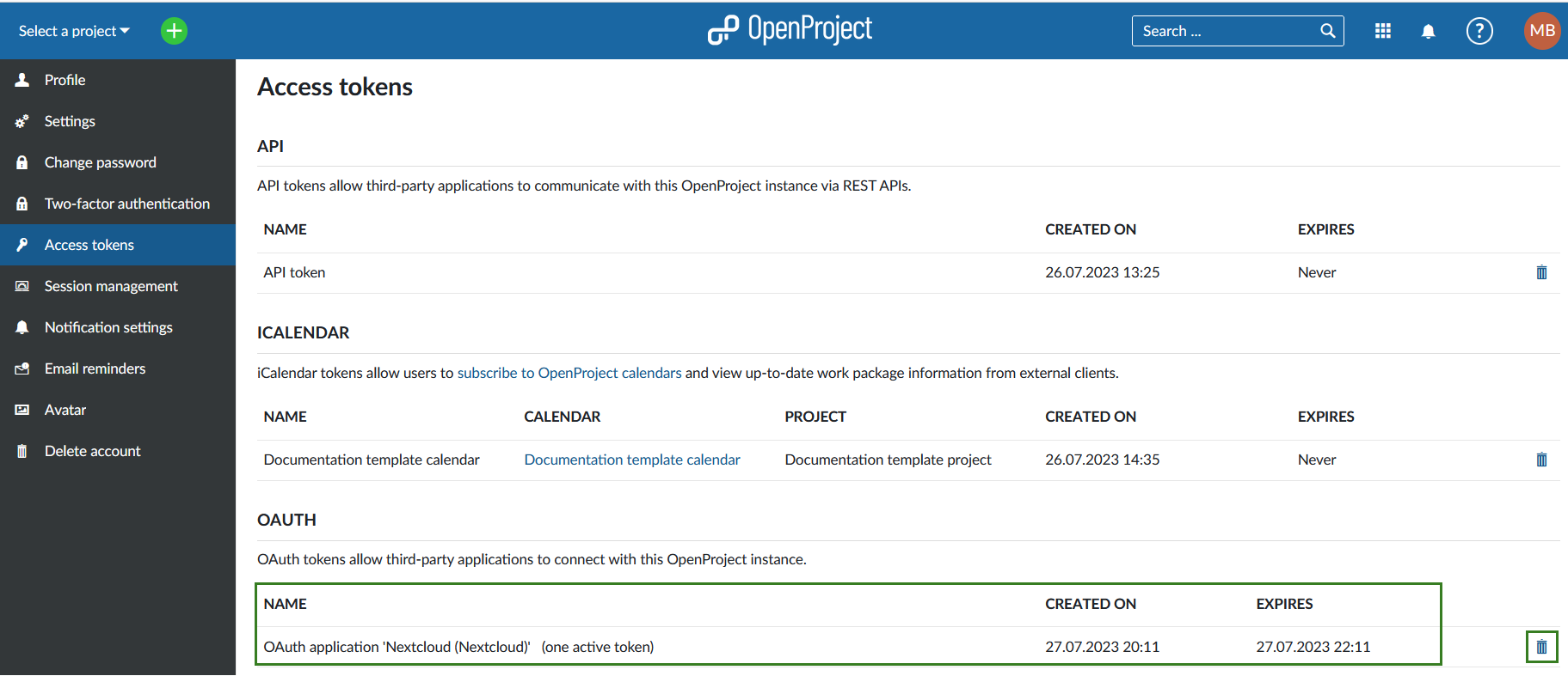 Jetons OAuth OpenProject sous Mon compte