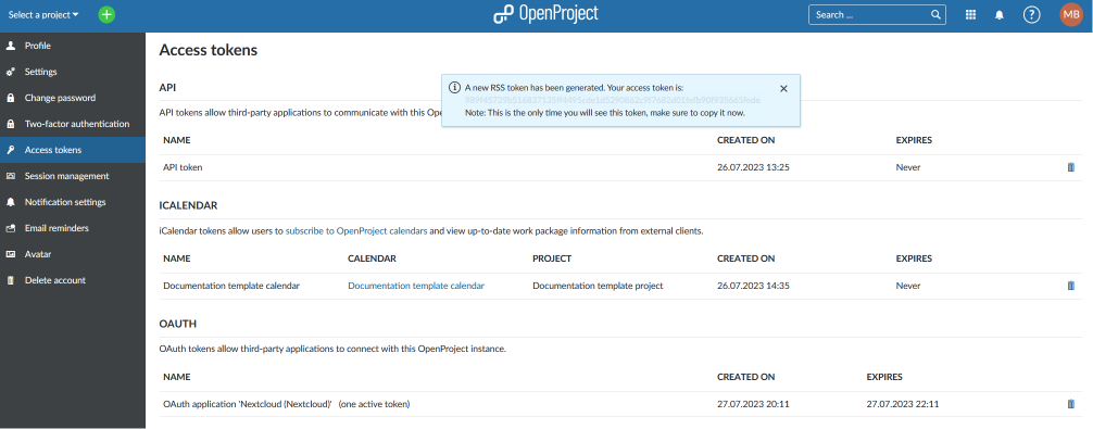OpenProject RSS-Token
