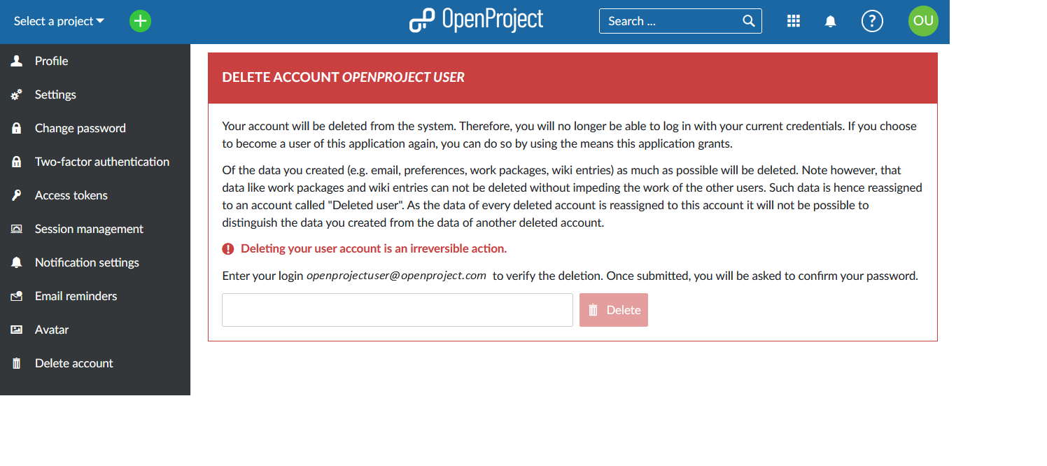 eliminar mi cuenta de OpenProject