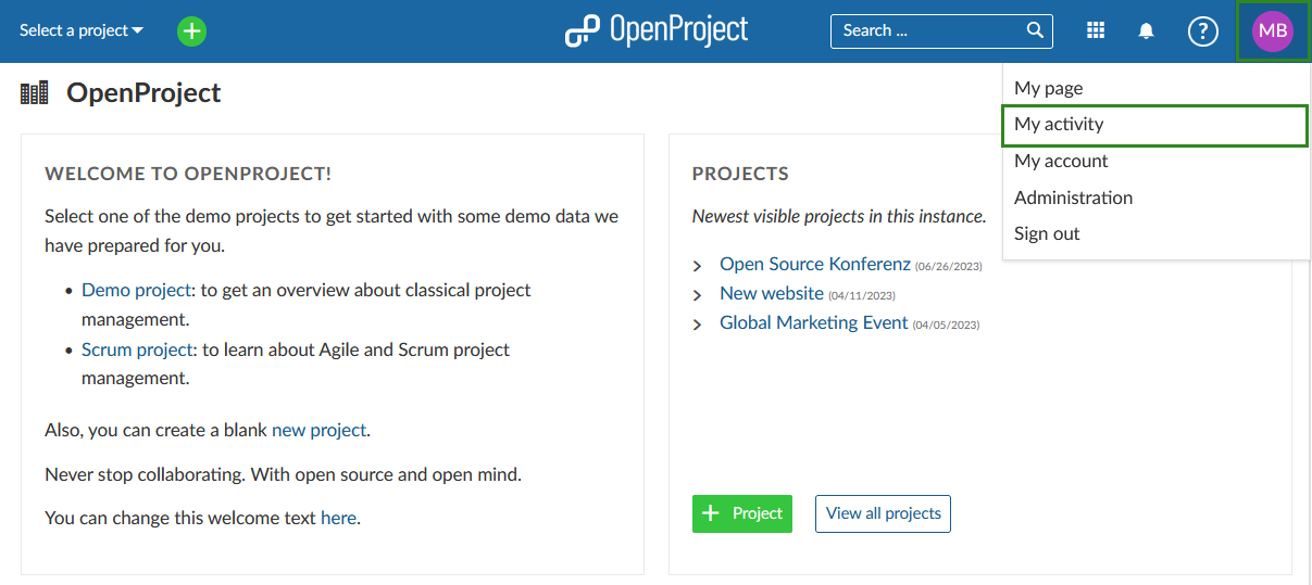 OpenProject naviguer vers la page Mon activité