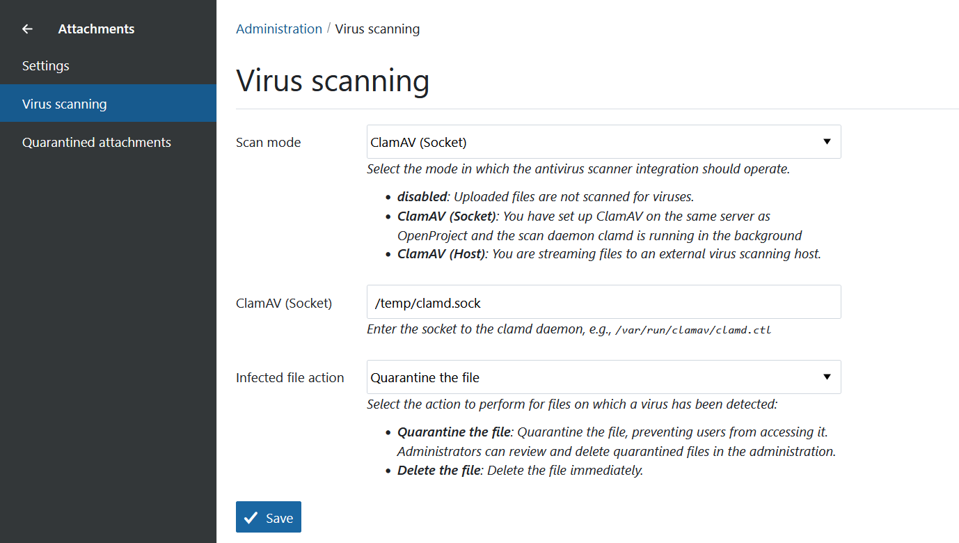 OpenProject’s admin settings for virus scanning with ClamAV