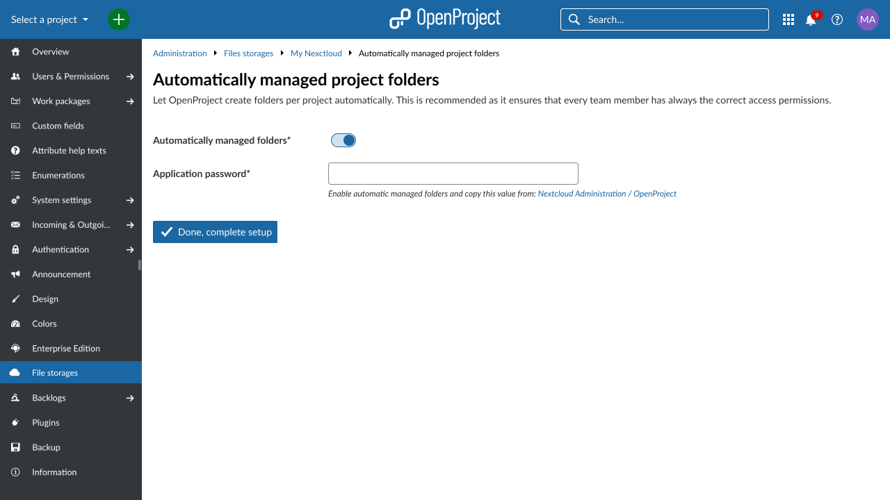 OpenProject Automatically managed folders