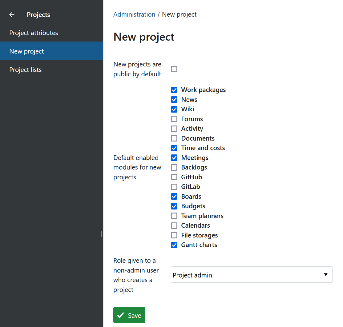 New project settings in OpenProject adminstration