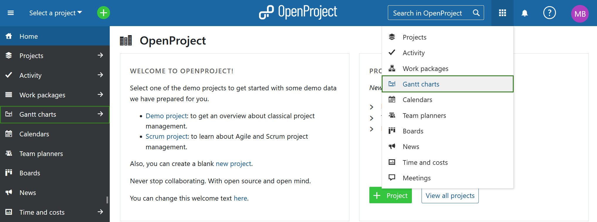 Selecciona el módulo diagramas de Gantt en el menu global de OpenProject