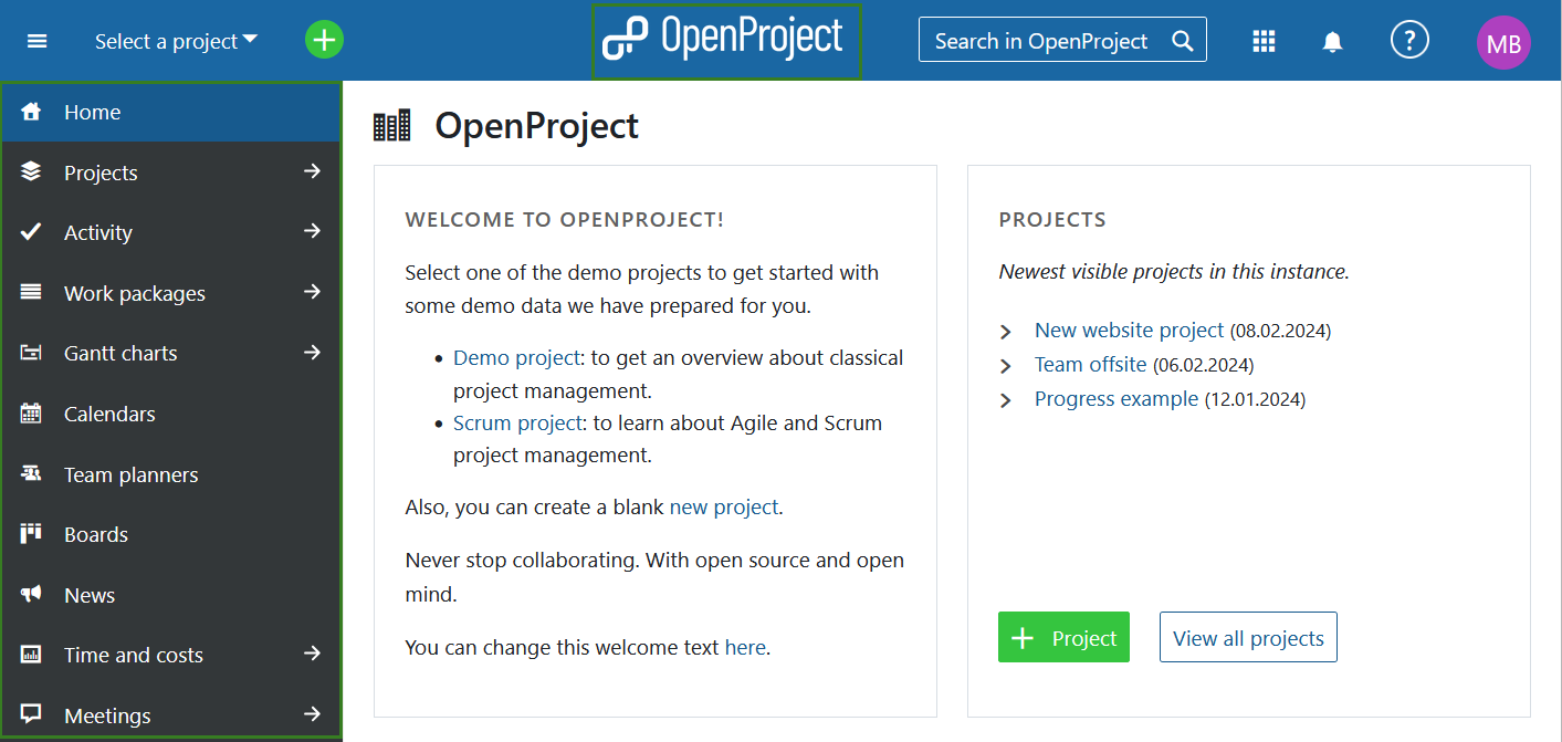 Navegando al menú de módulos globales en OpenProject