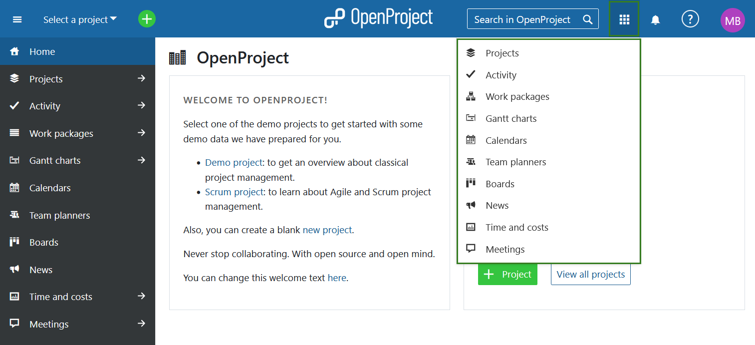 Navegando al menú de módulos globales en OpenProject vía icono de cuadrícula