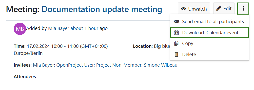 Télécharger une réunion classique en tant qu’événement iCalendar dans OpenProject