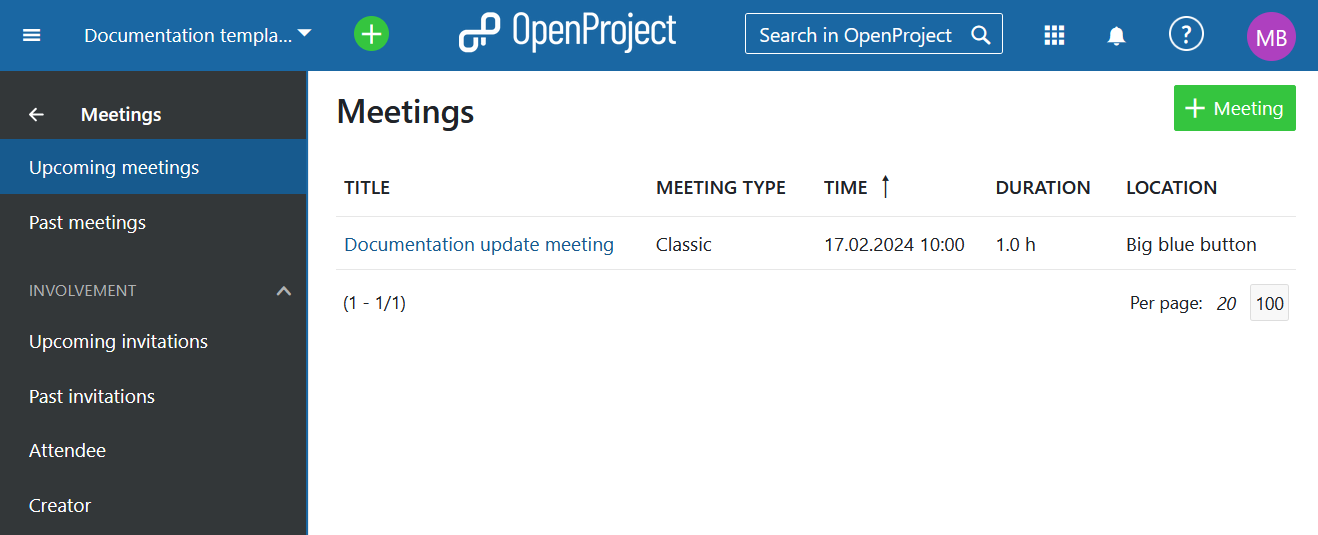 Módulo de reuniones en OpenProject