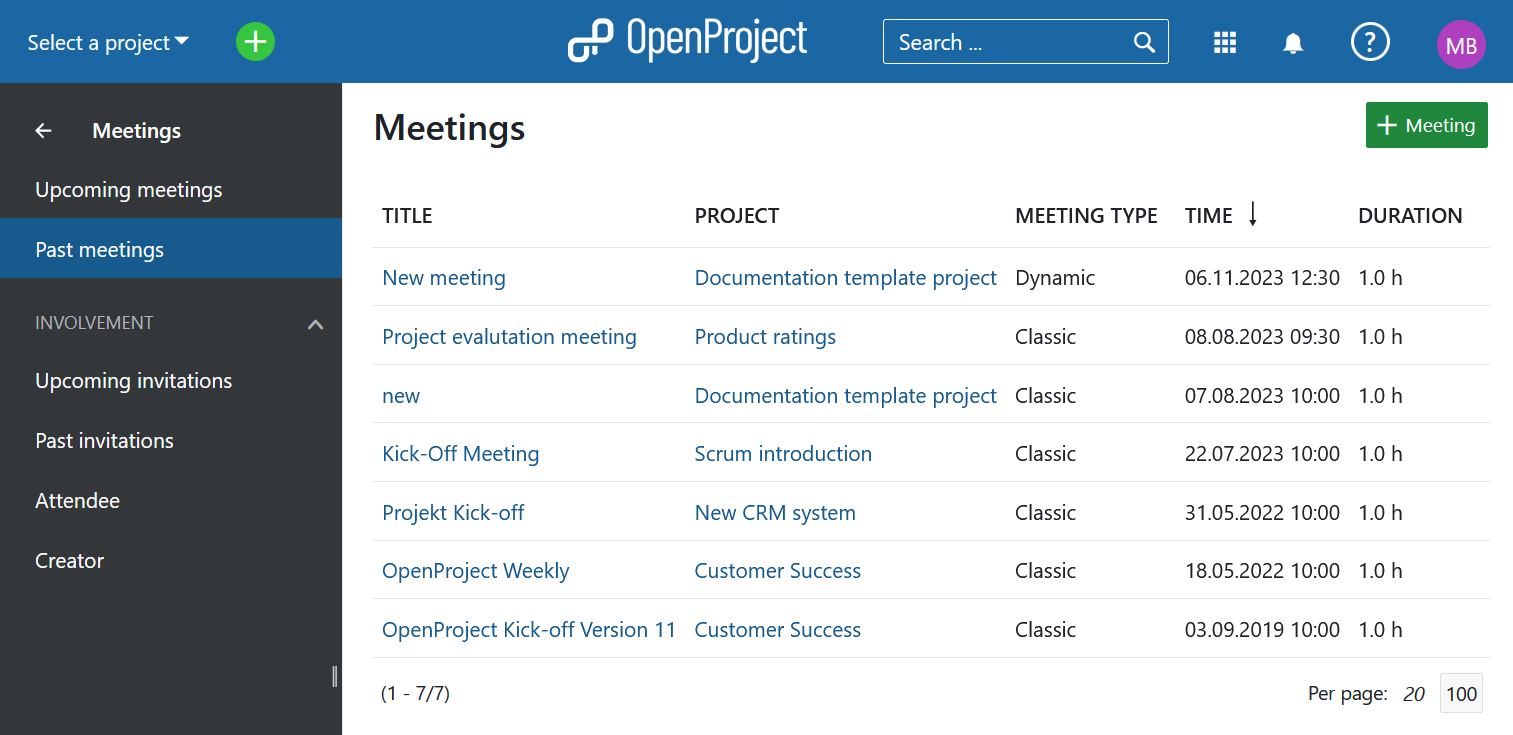 Meetings overview in openproject global modules